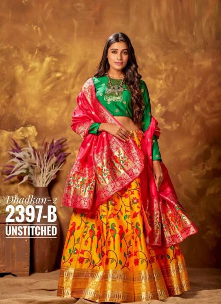 Yellow And Green Colour Latest Exclusive Wedding Wear Silk Printed Designer Lehenga Choli Collection 2397-B